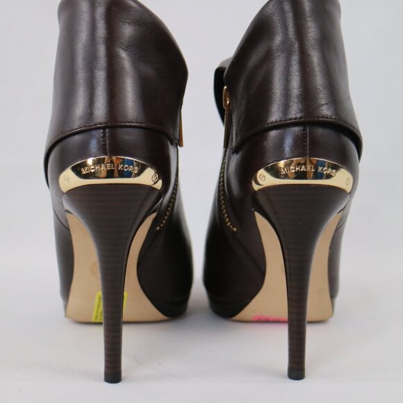 Michael Kors Brown Leather Foldover Kendra Open Peep Toe Stiletto Booties - Picture 4 of 9